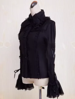 Black Cotton Lolita Blouse Long Hime Sleeves Lace Up Lace Trim Turn-down Collar
