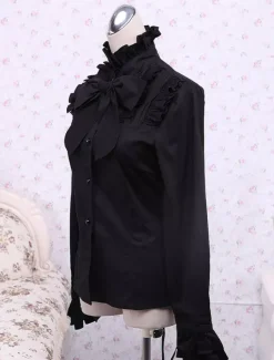 Black Cotton Lolita Blouse Long Sleeves Stand Collar Ruffles Bow