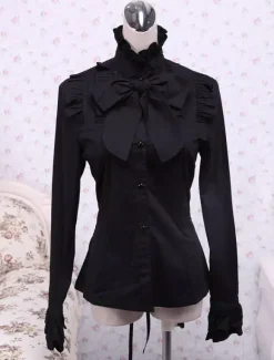 Black Cotton Lolita Blouse Long Sleeves Stand Collar Ruffles Bow