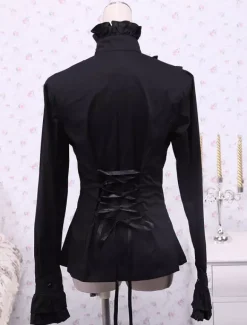 Black Cotton Lolita Blouse Long Sleeves Stand Collar Ruffles Bow