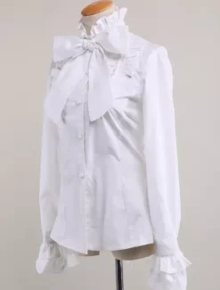 Black Cotton Lolita Blouse Long Sleeves Stand Collar Ruffles Bow
