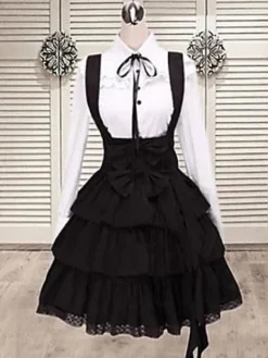 Black Cotton Straps Lolita Skirt Salopette Layered Ruffles