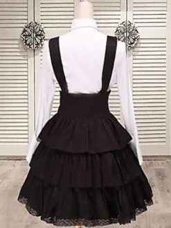 Black Cotton Straps Lolita Skirt Salopette Layered Ruffles