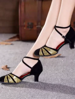 Black Dance Shoes Suede Round Toe Criss Cross Ballroom Shoes Kitten Heel Dancing Shoes For Women