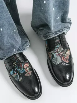 Black Derby Shoes Men's Round Toe Printed Oxford Shoes