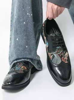 Black Derby Shoes Men's Round Toe Printed Oxford Shoes