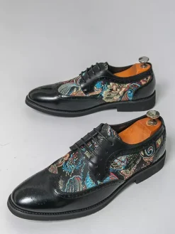 Black Derby Shoes Men's Round Toe Printed Oxford Shoes
