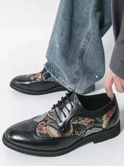 Black Derby Shoes Men's Round Toe Printed Oxford Shoes