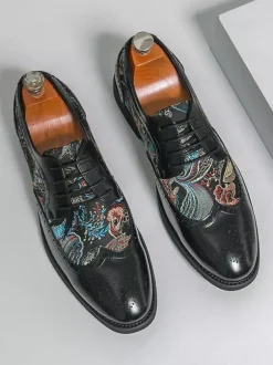 Black Derby Shoes Men's Round Toe Printed Oxford Shoes