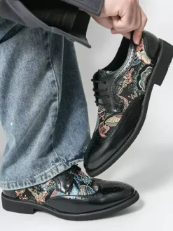 Black Derby Shoes Men's Round Toe Printed Oxford Shoes
