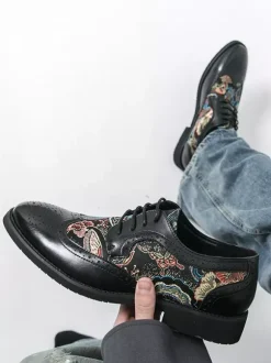 Black Derby Shoes Men's Round Toe Printed Oxford Shoes