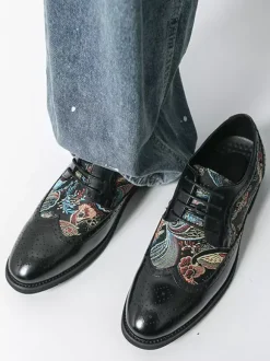 Black Derby Shoes Men's Round Toe Printed Oxford Shoes