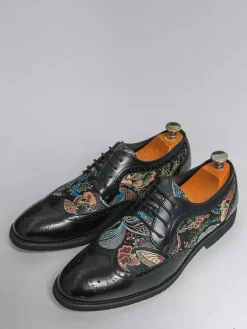 Black Derby Shoes Men's Round Toe Printed Oxford Shoes