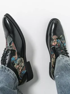 Black Derby Shoes Men's Round Toe Printed Oxford Shoes