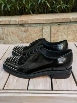 Black Dress Shoes For Men Round Toe Studed Lace Up Prom Shoes