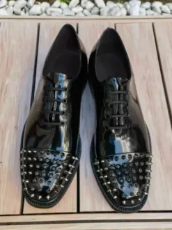 Black Dress Shoes For Men Round Toe Studed Lace Up Prom Shoes