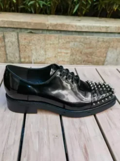 Black Dress Shoes For Men Round Toe Studed Lace Up Prom Shoes