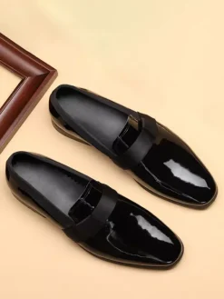 Black Dress Shoes Men's Real Leather Round Toe Slip On Loafers