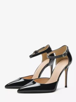 Black Dress Shoes Women Pointed Toe High Heel Ankle Strap Pumps