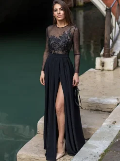 Black Evening Dress 2026 A-Line Jewel Neck Long Sleeve Lace Floor-Length Applique Formal Dresses Pageant Dress