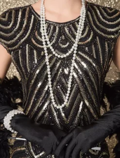 Black Flapper Dress 1920s Fashion Style Vintage Costume Women's Sequined Zigzag Cut Short Sleeves 20s Party outfits Short dress Carnival