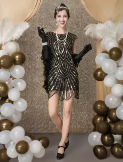 Black Flapper Dress 1920s Fashion Style Vintage Costume Women's Sequined Zigzag Cut Short Sleeves 20s Party outfits Short dress Carnival