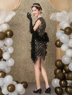 Black Flapper Dress 1920s Fashion Style Vintage Costume Women's Sequined Zigzag Cut Short Sleeves 20s Party outfits Short dress Carnival