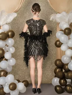 Black Flapper Dress 1920s Fashion Style Vintage Costume Women's Sequined Zigzag Cut Short Sleeves 20s Party outfits Short dress Carnival
