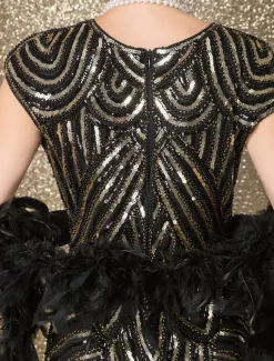 Black Flapper Dress 1920s Fashion Style Vintage Costume Women's Sequined Zigzag Cut Short Sleeves 20s Party outfits Short dress Carnival