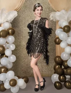 Black Flapper Dress 1920s Fashion Style Vintage Costume Women's Sequined Zigzag Cut Short Sleeves 20s Party outfits Short dress Carnival