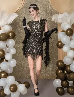 Black Flapper Dress 1920s Fashion Style Vintage Costume Women's Sequined Zigzag Cut Short Sleeves 20s Party outfits Short dress Carnival