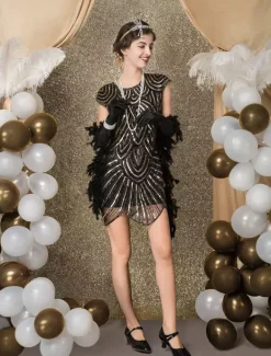 Black Flapper Dress 1920s Fashion Style Vintage Costume Women's Sequined Zigzag Cut Short Sleeves 20s Party outfits Short dress Carnival
