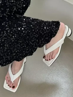 Black Flip Flops Women's Chunky Heel Backless Sandal Shoes