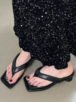 Black Flip Flops Women's Chunky Heel Backless Sandal Shoes