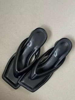 Black Flip Flops Women's Chunky Heel Backless Sandal Shoes