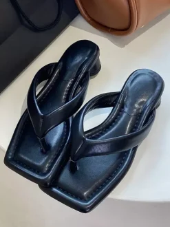 Black Flip Flops Women's Chunky Heel Backless Sandal Shoes