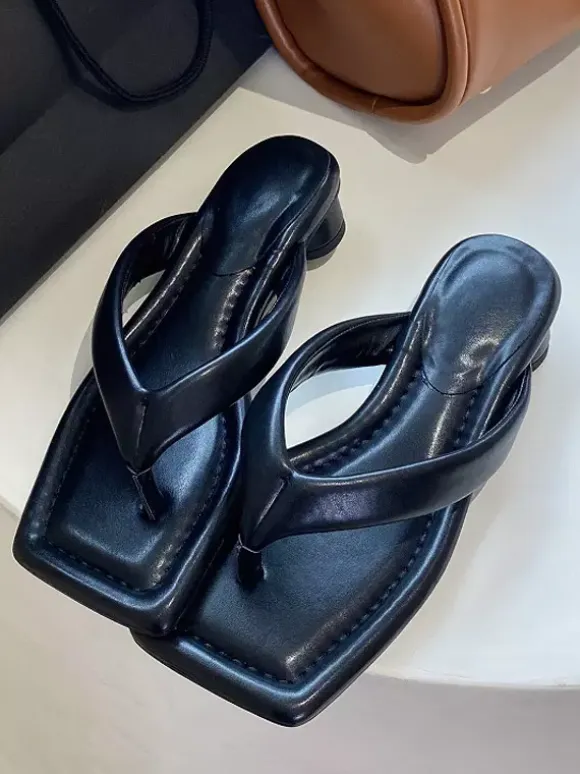 Black Flip Flops Women's Chunky Heel Backless Sandal Shoes