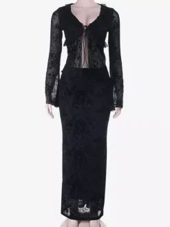 Black Flock Floral Women's 2 Piece Set - Tie Front Flare Sleeve Top & Maxi Skirt - Gothic Sheer Mesh Aesthetic Party Wear 2026