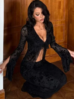 Black Flock Floral Women's 2 Piece Set - Tie Front Flare Sleeve Top & Maxi Skirt - Gothic Sheer Mesh Aesthetic Party Wear 2026