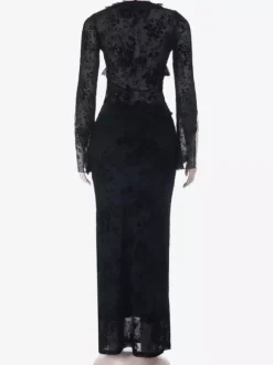 Black Flock Floral Women's 2 Piece Set - Tie Front Flare Sleeve Top & Maxi Skirt - Gothic Sheer Mesh Aesthetic Party Wear 2026