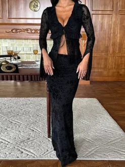 Black Flock Floral Women's 2 Piece Set - Tie Front Flare Sleeve Top & Maxi Skirt - Gothic Sheer Mesh Aesthetic Party Wear 2026
