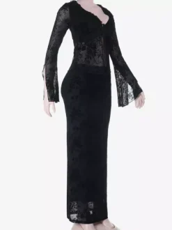 Black Flock Floral Women's 2 Piece Set - Tie Front Flare Sleeve Top & Maxi Skirt - Gothic Sheer Mesh Aesthetic Party Wear 2026