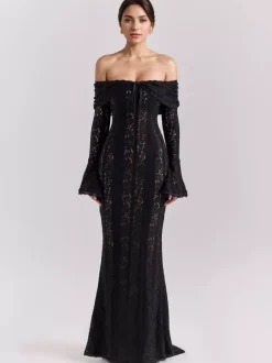 Black Floral Lace Maxi Dress Off Shoulder Bell Long Sleeve Mermaid Bodycon Dress For Women 2026