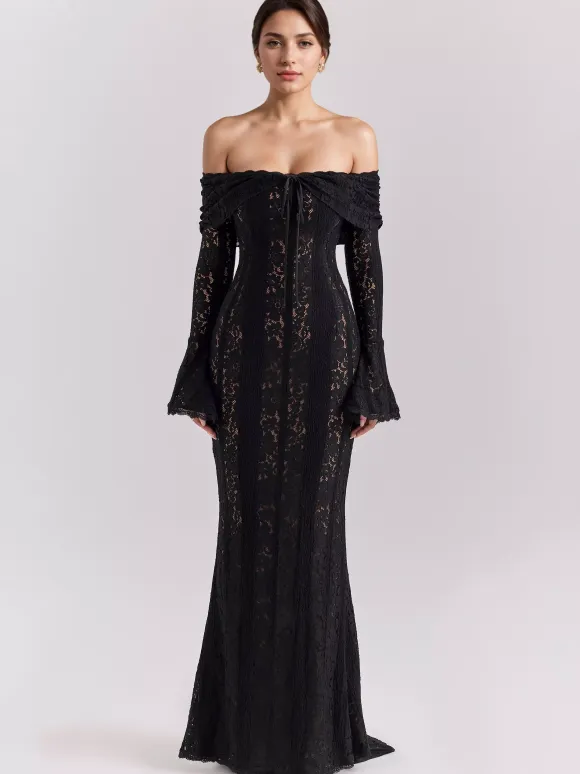 Black Floral Lace Maxi Dress Off Shoulder Bell Long Sleeve Mermaid Bodycon Dress For Women 2026