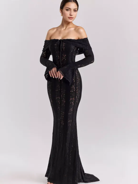 Black Floral Lace Maxi Dress Off Shoulder Bell Long Sleeve Mermaid Bodycon Dress For Women 2026
