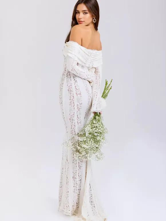 Black Floral Lace Maxi Dress Off Shoulder Bell Long Sleeve Mermaid Bodycon Dress For Women 2026
