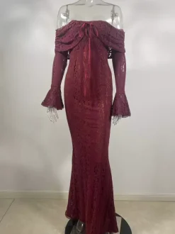 Black Floral Lace Maxi Dress Off Shoulder Bell Long Sleeve Mermaid Bodycon Dress For Women 2026