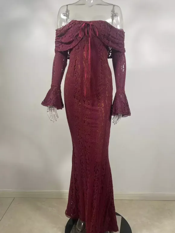 Black Floral Lace Maxi Dress Off Shoulder Bell Long Sleeve Mermaid Bodycon Dress For Women 2026