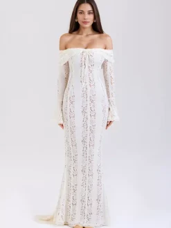 Black Floral Lace Maxi Dress Off Shoulder Bell Long Sleeve Mermaid Bodycon Dress For Women 2026