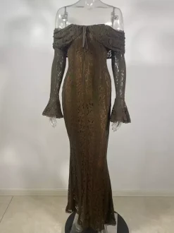 Black Floral Lace Maxi Dress Off Shoulder Bell Long Sleeve Mermaid Bodycon Dress For Women 2026